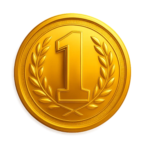 Símbolo circular na cor dourada com o número 1 no centro, para especificar o 1º colocado como parceiro destaque revendedor vip do mês.