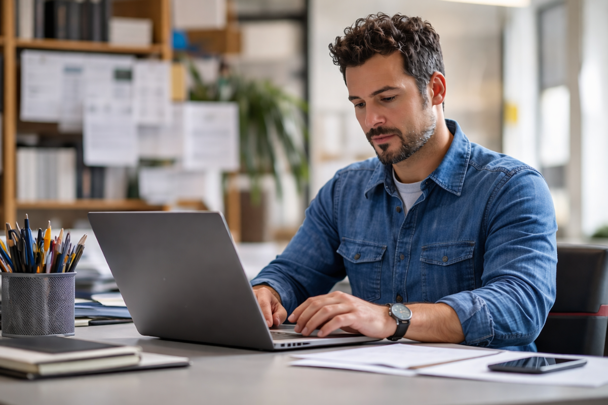 Homem profissional trabalhando em um notebook sobre uma mesa em um ambiente de escritório representando: Parametrização Fiscal: o que muda em 2026 com a Reforma Tributária.