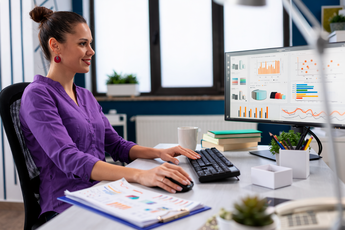 Mulher profissional trabalhando em um computador sobre uma mesa em um ambiente de escritório representando: Precificação 2026: como fazer corretamente com a Reforma Tributária.