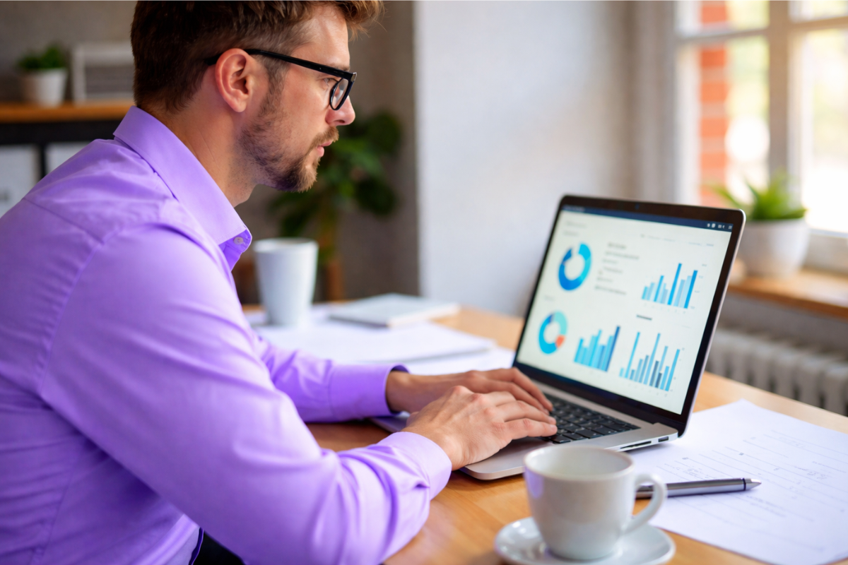 Homem profissional trabalhando em um notebook sobre uma mesa em um ambiente de escritório representando: Como um ERP ajuda no controle das obrigações fiscais.