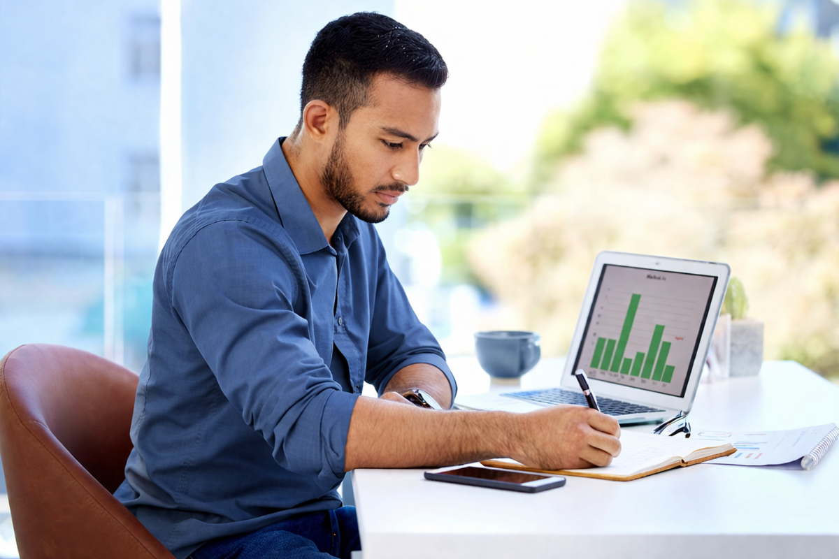 Homem profissional trabalhando em um notebook sobre uma mesa em ambiente de escritório representando: Códigos fiscais na Reforma Tributária: o que muda em CST, CFOP, NBS e cClassTrib.