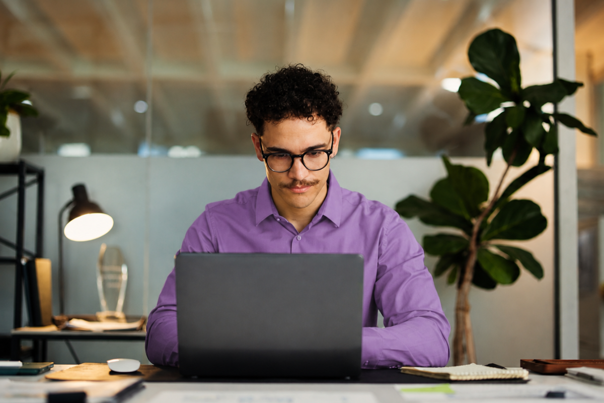 Homem profissional trabalhando em um notebook sobre uma mesa em um ambiente de escritório representando: Revenda de ERP: como montar uma nova fonte de renda.