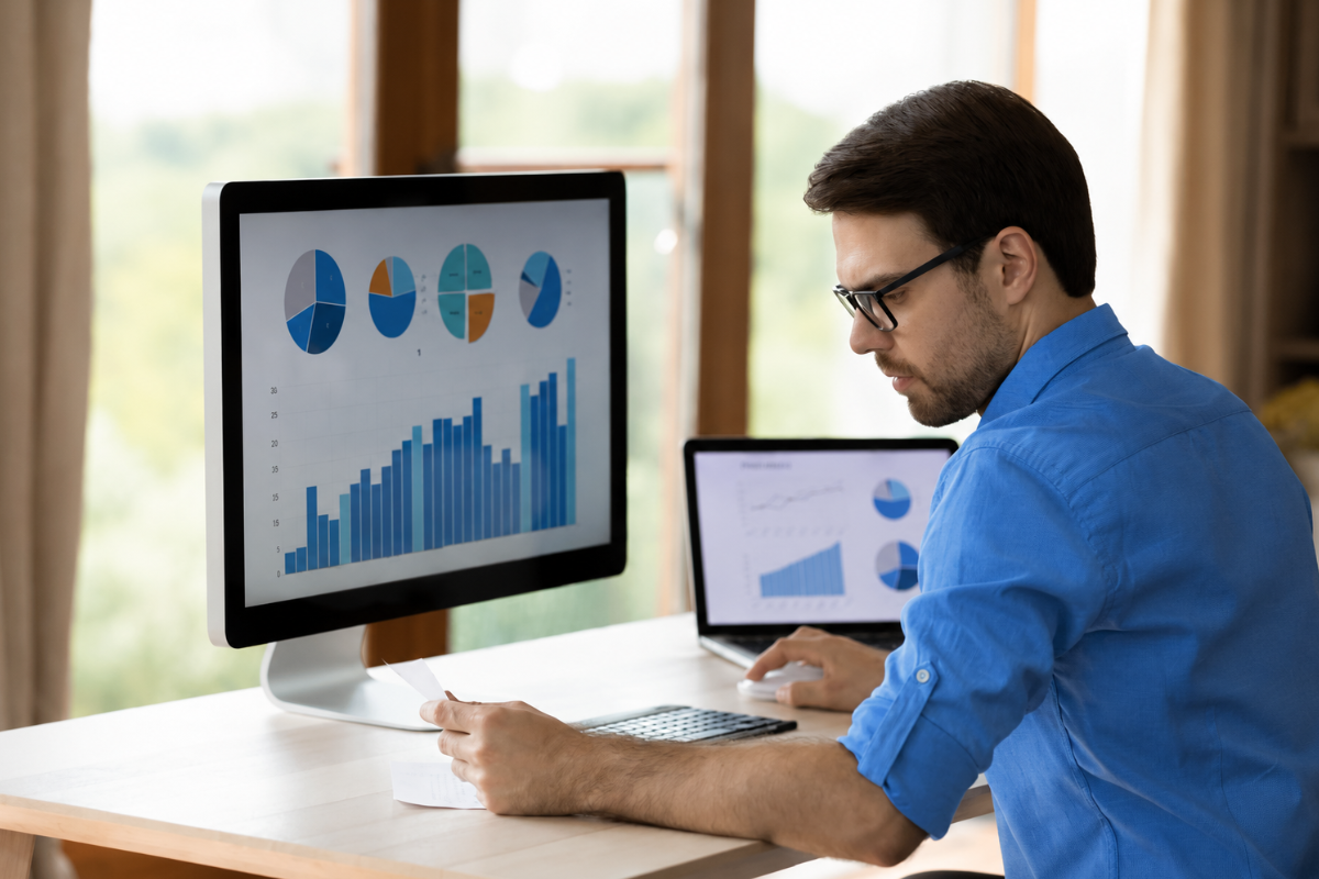 Homem trabalhando em escritório em um computador com dois monitores, analisando gráficos e relatórios representando: 6 sinais de que sua empresa precisa de um sistema integrado.
